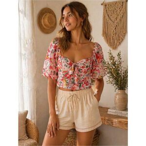 Love & Piece Boho Pink Floral Tie-Front Puff Sleeve Crop Top